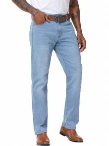 Men's Regular Fit Stretch Jeans Straight-Leg Vintage Washed Casual Denim Pants Comfort Classic Urban Streetwear - 淺色水洗藍 - 查看 6