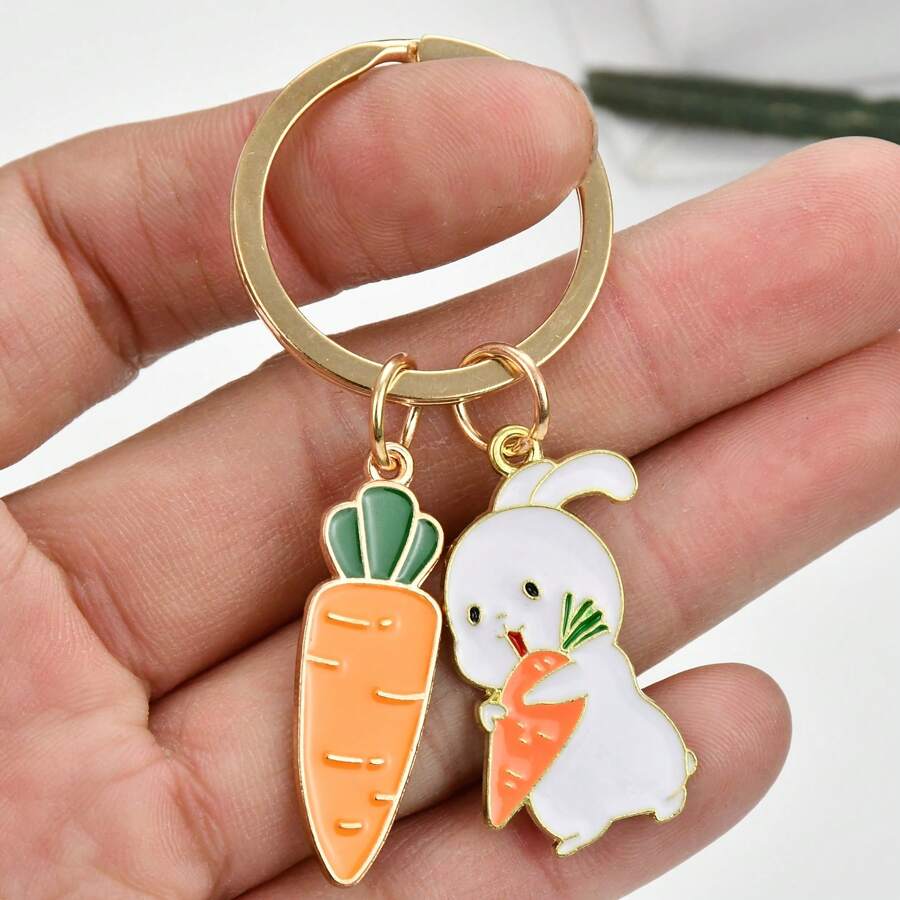 1pc Cute Big Carrot Holding Carrot Rabbit Keychain, Creative DIY Alloy Drip Oil Plant Fruit Animal Combination Keychain, Cartoon Rabbit Hugging Carrot Keychain Bag Pendant, Holiday Party Small Gift For Friends - Multicolor - View 1