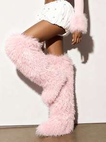 Women's Winter Knee High Boots Pull-On Faux Fur Round Toe Strap Boots For Women Comfy Plush Warm Outdoor Indoor Flat Shoes Punk Party Dressy Furry Fluffy Winter Autumn Fall Boots - Hồng dài - Xem 3