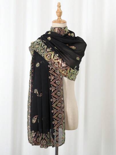 1pc Women's Luxury Diamond Decorated Hijab, Muslim Paisley Floral Rhinestone Scarf, Elegant Glamorous Shawl, Suitable For Parties And Gatherings