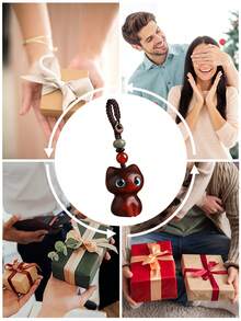 猫形幸运饰品，手工檀香木钥匙扣，猫形钥匙圈，木质汽车钥匙扣，包包挂件，钥匙链，汽车钥匙扣，手机挂绳，手工编织手机链，幸运钱包挂件，送给朋友、家人、派对礼品、活动纪念品、蘑菇爱好者和圣诞节的绝佳礼物 - 彩色 - 查看 9