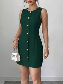 Valentine's Day Women's Formal Summer French Style Business Sleeveless Button-Up Skirt Elegant Work Office Dress - Green - View 1