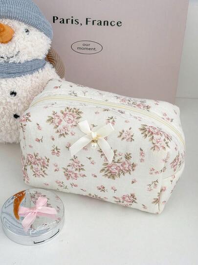 Floral Lace Trim Makeup Bag, Portable Elegant Jewelry Cosmetic Organizer Pouch, Large Capacity For Home & Travel Use