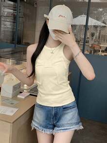 修身蝴蝶结提花青春设计吊带背心休闲 - 杏色 - 查看 7