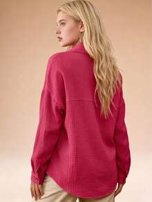 Women's Loose-Fit Crinkled Button-Down Shirt - White & Multi-Color, Long Sleeve, Collared, Casual Spring & Fall Top, Ladies Outdoor Shirt, Minimalist Stylish Daily Wear, All-Age Home & Leisure Blouse - 紅色 - 查看 5