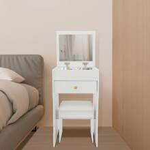 Compact Makeup Vanity Table With Mirror & Stool, 40cm Flip-Up Dressing Table For Bedroom With Storage Compartments, Vanity Table With Mirror For Bedroom, Space-Saving Vanity Desk - Warm White, Black Walnut, White Oak - Warm White - View 6