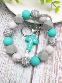 New Cross Silicone Bead Keychain Cross Charm Bracelet Style Keyring For Women Men Teens Daily Use Gift Limit One Per Order - Mint Blue - View 8