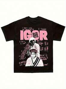 Tyler Igor Sketchbook Man T-Shirt Heavy Weight Cotton T-Shirt Pink Graffiti Stamped Short Sleeve Neck Round Casual Street Wear Regular Fit All Seasons Comfortable Musical T-Shirt Comfortable Clothing Artistic T-Shirt Non-Elastic Fabric Street Style Urban Fashion Top Stamped Young Man Sizes S-3xl - 黑色 - 查看 1