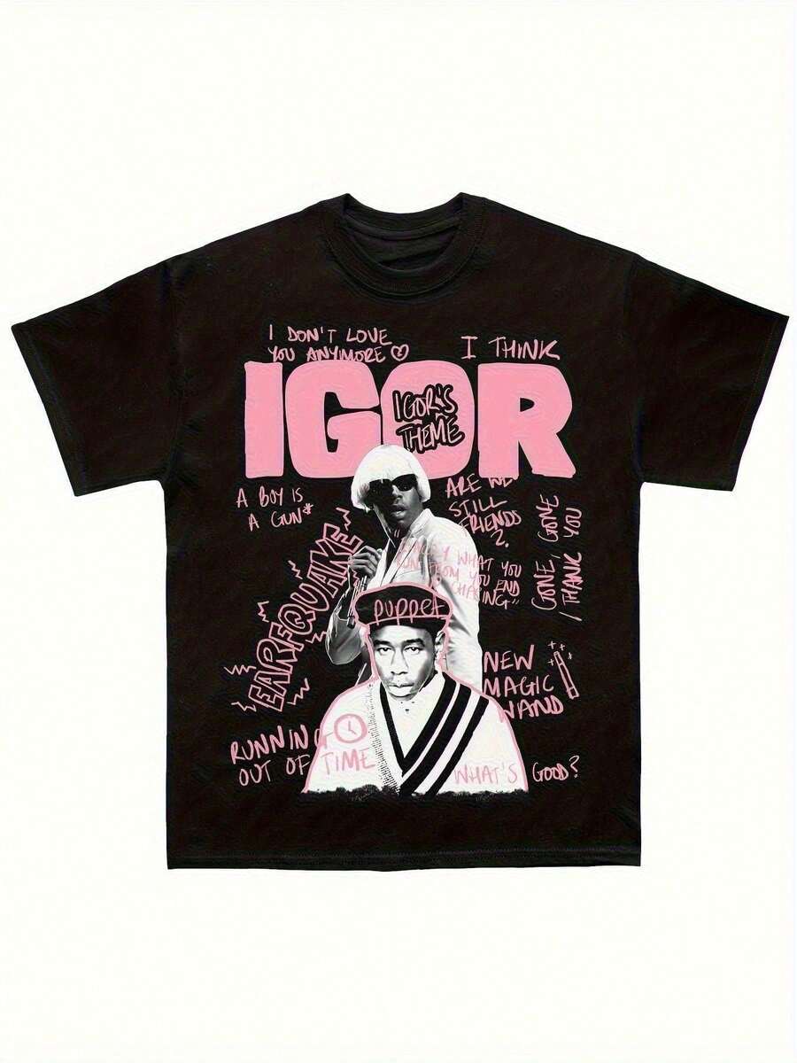 Tyler Igor Sketchbook Man T-Shirt Heavy Weight Cotton T-Shirt Pink Graffiti Stamped Short Sleeve Neck Round Casual Street Wear Regular Fit All Seasons Comfortable Musical T-Shirt Comfortable Clothing Artistic T-Shirt Non-Elastic Fabric Street Style Urban Fashion Top Stamped Young Man Sizes S-3xl - 黑色 - 查看 1