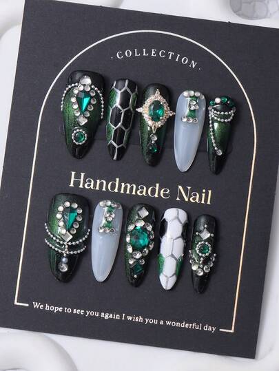 10pcs/Set Handmade Long Pointed Nail Tips In Y2K Green French Style & 3D Hand Set Green Diamonds & Hand Painted Gradient Fine Glitter Print Design For Nail Decoration. 1 Piece Of Jelly Gel And 1 Piece Of Nail File. Perfect For Daily Life And For Costumes At Coachella Music Festival, Press On Nails And Nail Care Products.