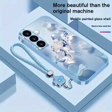 Phone Case - YGS [Metal Phone Case] Flower Love Metal Paint Glass Phone Case With Lanyard | For Samsung Galaxy S25/S25 +/S25 Ultra/S24/S24 FE/S24 +/S24 Ultra/S23/S23 +/S23 Ultra/S22/S22 +/S22 Ultra/S21/S21 +/S21 Ultra/S20/S20 +/S20 FE/S20 Ultra/A73/A72/A - Màu xanh nhạt - Xem 1