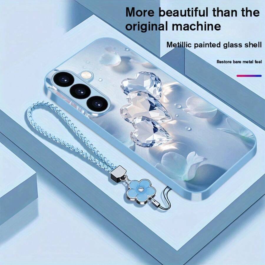 Phone Case - YGS [Metal Phone Case] Flower Love Metal Paint Glass Phone Case With Lanyard | For Samsung Galaxy S25/S25 +/S25 Ultra/S24/S24 FE/S24 +/S24 Ultra/S23/S23 +/S23 Ultra/S22/S22 +/S22 Ultra/S21/S21 +/S21 Ultra/S20/S20 +/S20 FE/S20 Ultra/A73/A72/A - Màu xanh nhạt - Xem 1