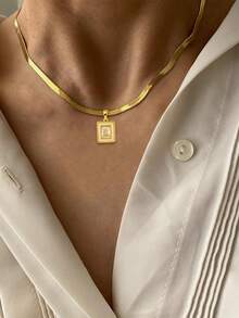 1pc Girl's Pendant Necklace, Minimalist Layered Design, Stainless Steel Flat Chain With Cubic Zirconia Inlaid Rectangular Shell Pendant, Versatile Daily Wear Gift Accessory - Yellow Gold - View 1