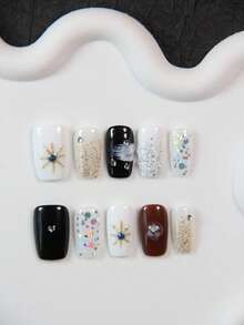 10pcs Handmade Square Coffin Nail Stickers, Acrylic Nail Art Decals With Black, Shiny, Gold Hexagram Pattern For Short Nails, Reusable Nail Decorations Suitable For Women And Girls, Great Gift For Party, Wedding, Daily Wear, With Tool Kit - Black - View 2