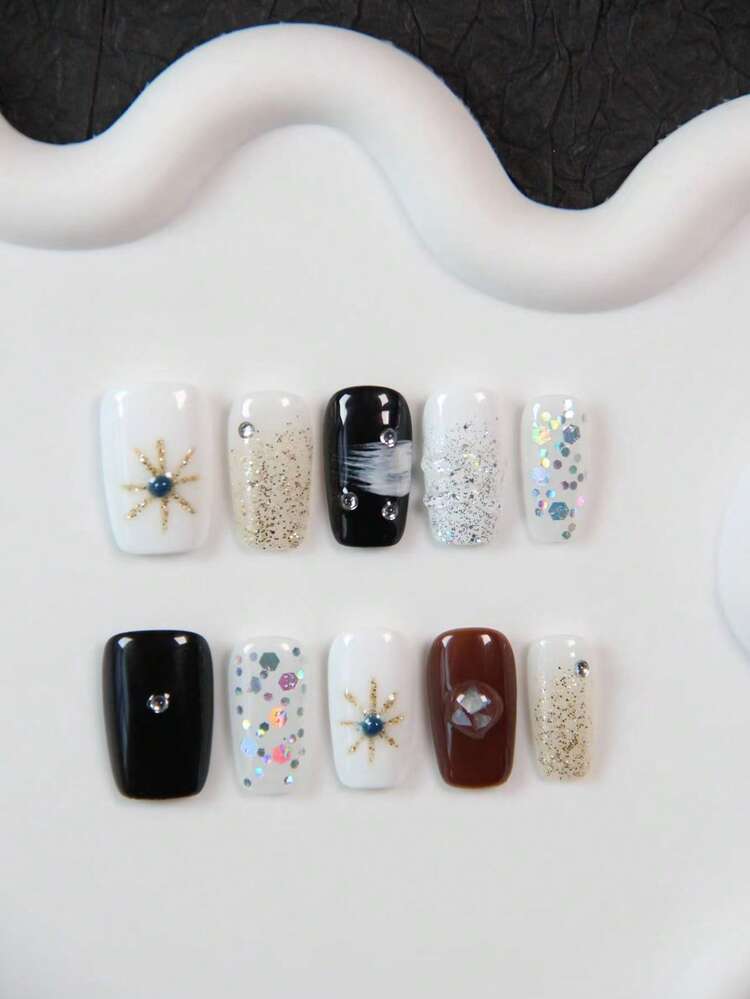 10片手工方形棺材形美甲贴纸，亚克力美甲贴花，黑色亮面金色六芒星图案，适合短指甲，可重复使用，适合女性和女孩，是派对、婚礼、日常佩戴的绝佳礼物，附赠工具包 - 黑色 - 查看 2