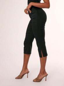 Women's Black Fabric High Stretch Capri Pants With Stylish Split Detail - Black - View 5