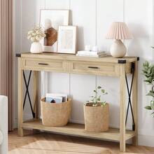 Mesa de entrada de granja con 2 cajones, mesa consola Rataan para entrada, mesa de sofá de madera para sala de estar, vestíbulo, pasillo - Camel - Ver 7