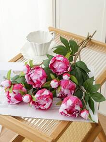 1/5支装 19英寸仿真牡丹花束，逼真牡丹，仿真花，适合家居装饰、情人节礼物、母亲节礼物、婚礼中心装饰、派对装饰、婚礼捧花、办公室装饰、卧室和客厅装饰 - 紫紅色 - 查看 6