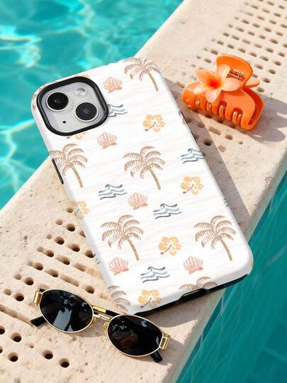 1pc Summer Hawaii Vacation Style Palm Tree, Hibiscus Flower, Seashell & Wave Pattern Glossy 2-In-1 Soft Film Hard Phone Case For Samsung/ 11/12/13/14/15/16/17 Pro Max