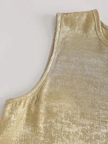 女士金属色圆领无袖衬衫，休闲夏季上衣，适合派对、约会之夜。 - 金色 - 查看 4