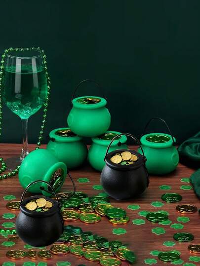 75/53/10pcs Lucky Leprechaun Jar Set, Green & Black Leprechaun Cauldron With Handle, St. Patrick's Day Decor, Lucky Clover Coins, Centerpiece, St. Patrick's Day Gift, Suitable For St. Patrick's Day Decor, Theme Party Decor, Tabletop Decor