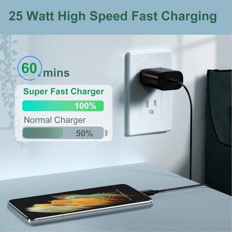 超快充电 Type-C 数据线，兼容 25W USB-C 充电器，适用于 Galaxy S23/S22/S21/S20/Plus/Ultra/FE/Note 20/10/Z Fold/Flip/A17，USB-C PD 25W 超快充电适配器 - 美規A型插(110-127V) - 查看 4