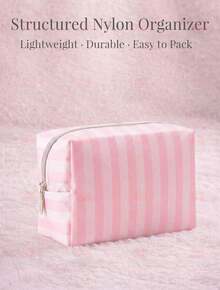 Cute Pink & White Stripe Makeup Bag With Compartments,Nylon Travel Essentials Cosmetic Bag Organizer Toiletry Bag For Women Girls, Simple Pink Portable Storage Bag With Four Different Sizes To Choose From, Suitable For Home Storage, Cosmetics Storage, Cute Appearance, Suitable As A Gift - 八角包(粉紅色) - 查看 1