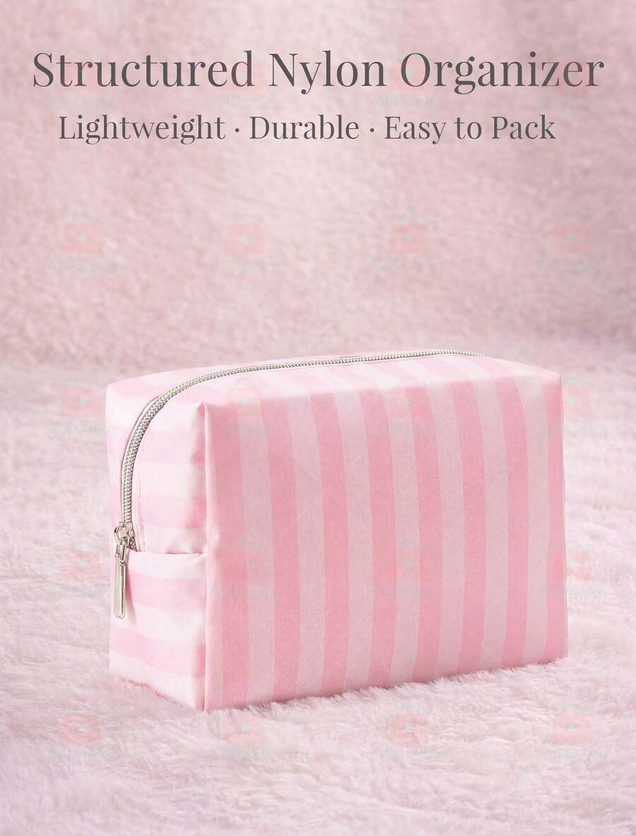 Cute Pink & White Stripe Makeup Bag With Compartments,Nylon Travel Essentials Cosmetic Bag Organizer Toiletry Bag For Women Girls, Simple Pink Portable Storage Bag With Four Different Sizes To Choose From, Suitable For Home Storage, Cosmetics Storage, Cute Appearance, Suitable As A Gift - 八角包(粉紅色) - 查看 1