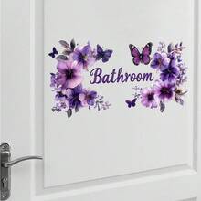 2片装大尺寸浴室墙贴，水彩蝴蝶花环紫色花朵图案，印有“浴室”字样，自粘防水PVC乙烯基材质，适用于卫生间、浴室门等家居装饰，可移除艺术壁画，适用于客房、公寓改造和日常生活美化。 - 牆貼 - 查看 6