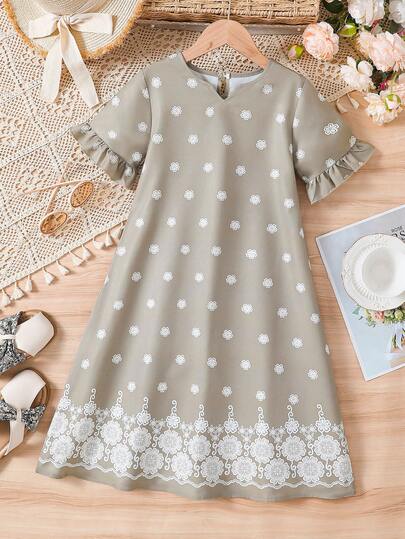 1 pieza Vestido largo de verano con cuello en V, mangas con volantes y estampado floral para niñas