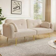 [Sleeping Function] 2-Seater Sofa Bed - Modern 2-Seater Sofa With Adjustable Backrest And Gold Metal Legs, Integrated Bed Function. Multifunctional 2-In-1 Furniture. - Beige - View 2