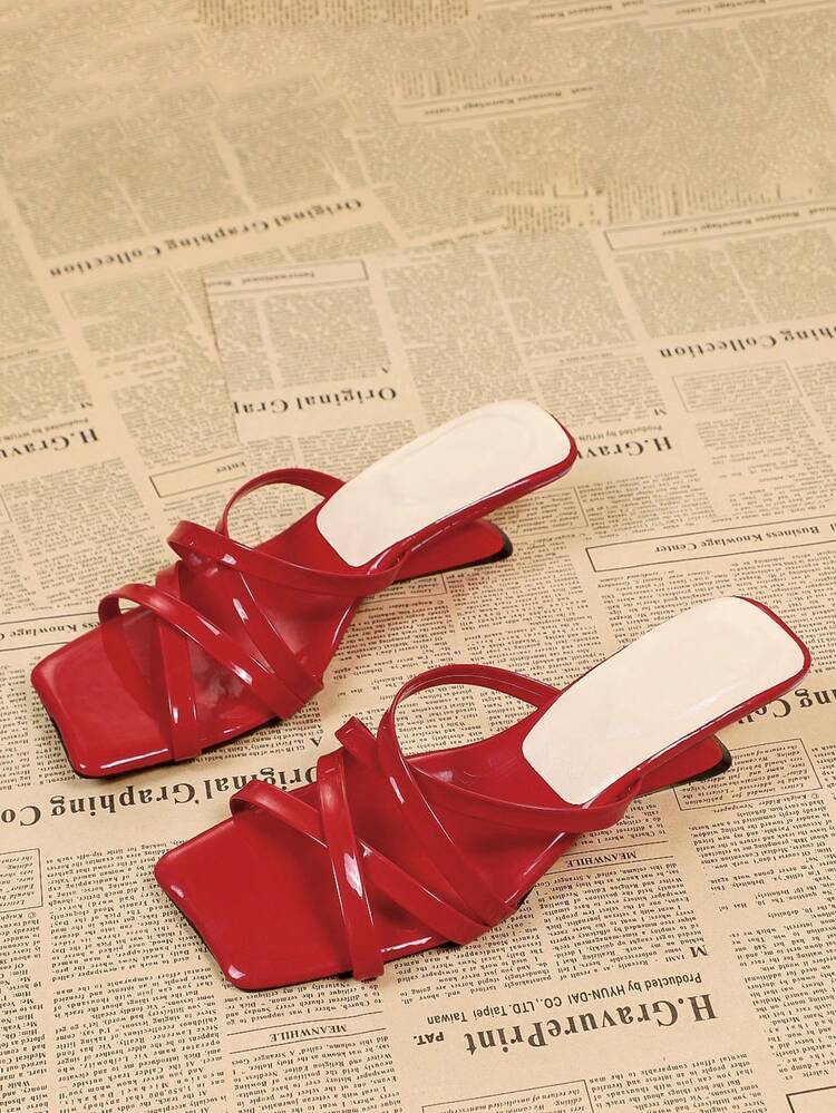 Women's Red Square Toe Criss-Cross Strap High Heel Sandals, Casual Backless Mule Sandals - 紅色 - 查看 2