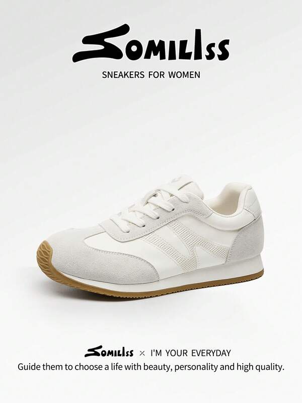 somiliss 女士宽头运动休闲鞋，经典复古风格，舒适柔软鞋底带足弓支撑，适合通勤和日常穿着，春季款，米白色