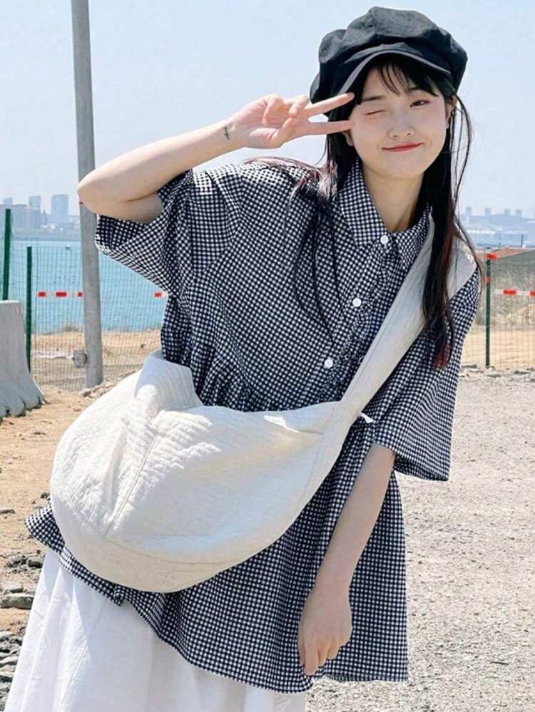 撞色格纹领荷叶边下摆休闲女式短袖衬衫，春夏款 - 藏蓝色 - 查看 2