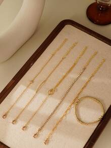 6-częściowa elegancka bransoletka z cyrkonii sześciennej z czterolistną koniczyną i podwójnym pierścieniem, wielowarstwowa, koraliki CCB w kolorze złotym, modna biżuteria damska, odpowiednia do noszenia na co dzień, idealny prezent dla niej - Żółte złoto - Zobacz 5