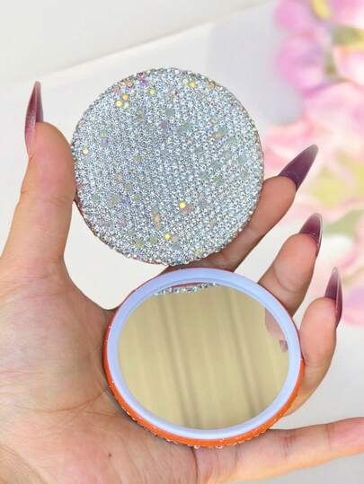 1pc Pocket Mirror, High-Quality Rhinestone Decorated Round Single-Sided Makeup Mirror, Travel Portable Daily Use High Definition Makeup Mirror, Exquisite Holiday Gift