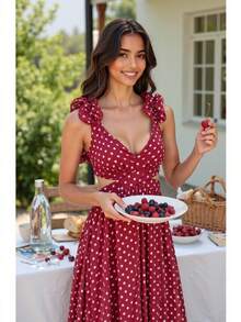 Vestido de gasa con estampado floral de lunares, con espalda descubierta, cruzado, fruncido, cola de pez y cremallera oculta, para fiestas de primavera/verano - Burdeos - Ver 5
