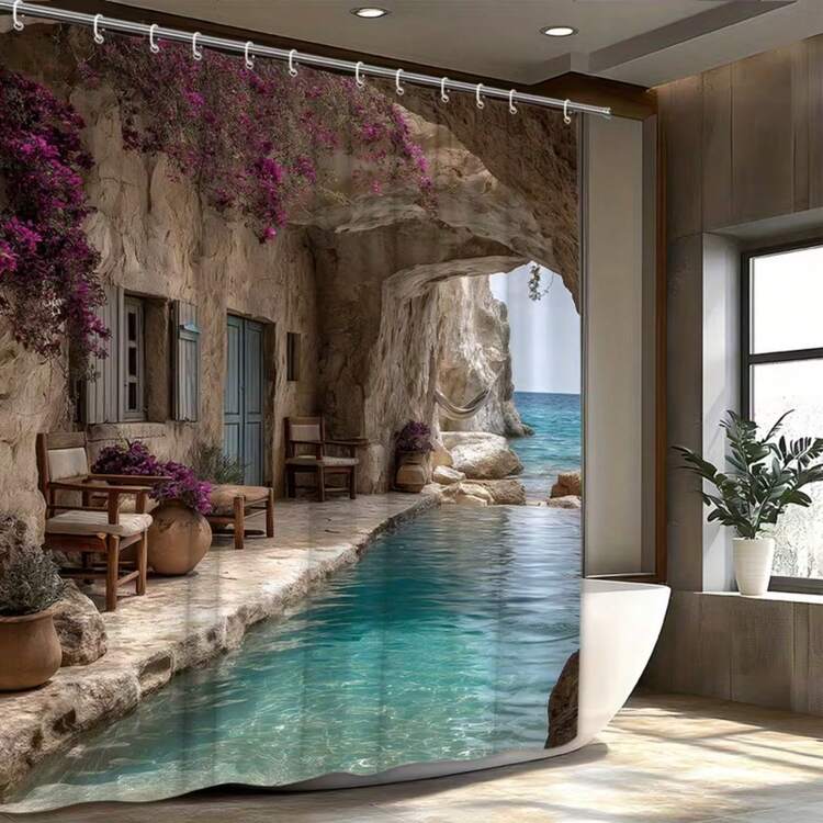 1pc Mediterranean Shower Curtain Suitable For Bath & Shower - Rustic Stone Cave With Turquoise Ocean View, Bougainvillea & Shutters, Machine-Washable Fabric, 12 Hooks Included, Fits Tubs, Mediterranean Bath Decor 66x72 Inches HSY - A - Xem 4