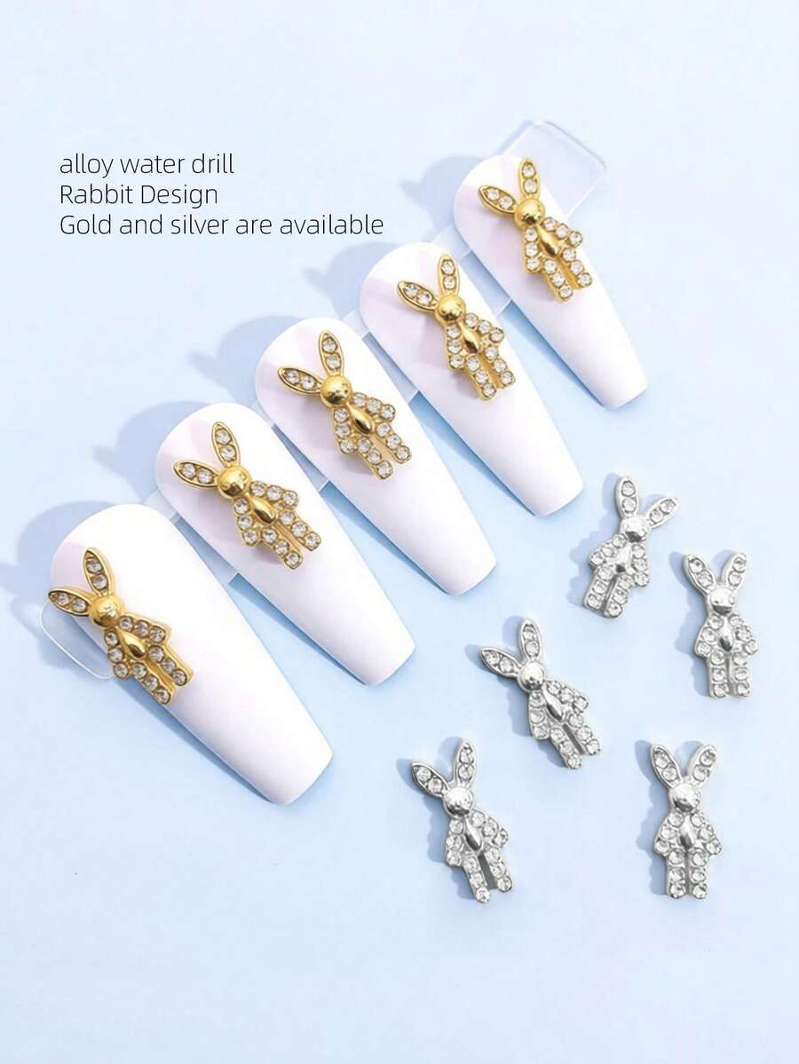 10pcs Gold & Silver Rhinestone Rabbit Nail Jewelry, 3D Metal Alloy Nail Decor Accessories, Suitable For Women Nail Art DIY Nails Nail Supplies - Multicolor - View 1