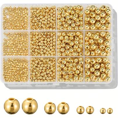 KMEOSCH 1100 Pcs Beads Smooth Round Beads 3/4/6/8mm Golden Silvery Spacer Loose Ball Bead Kits Gold Plated Beads For Bracelet Jewelry Making