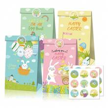 24pcs Easter Gift Bags - Kraft Paper Gift Bags With Rabbit, Eggs, Chick Patterns, Includes 18pcs Easter Element Stickers - Multicolor - View 2