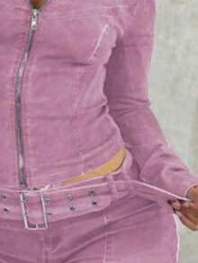 Lady's Two-Piece Set, New Denim Short Set, Long Sleeves, Stretch Shorts, Belt - Pink - View 2