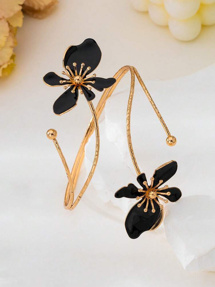 1pc Irregular Shaped Floral Arm Cuff For Women, Stylish For Summer Parties, Weddings, Vacations, Back To School, New Year, Gifts For Friends And Family - Black - View 4