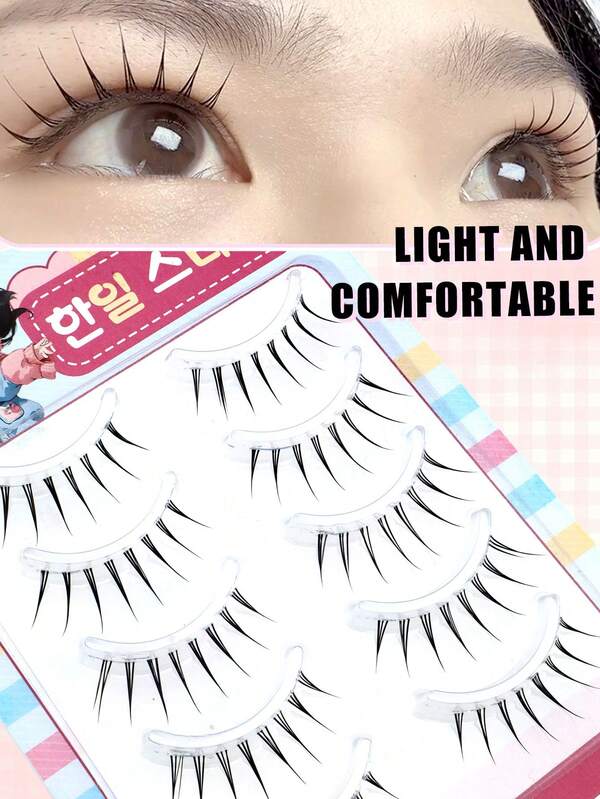 5 Pairs Japanese Cartoon Pointed Transparent Invisible Lashes, Natural Sweet Soft Lightweight Faux Eyelashes, Suitable For Dates, Travel, Portable