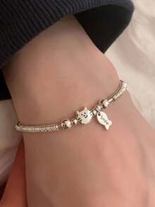 1件 时尚奢华可爱猫咪吃鱼手链，精致高端甜美百搭女士配饰 - 銀色 - 查看 2