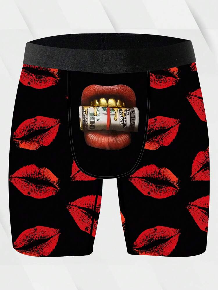 1 Pack Playful & Cute Men's Casual Boxer Briefs, Featuring Red Lip Print, Brand Underwear, Knit Fabric, Breathable & Moisture-Wicking, Soft & Skin-Friendly. Perfect Valentine's Day Gift For Boyfriend. Novelty Men's Shorts. - Multicolor - View 2