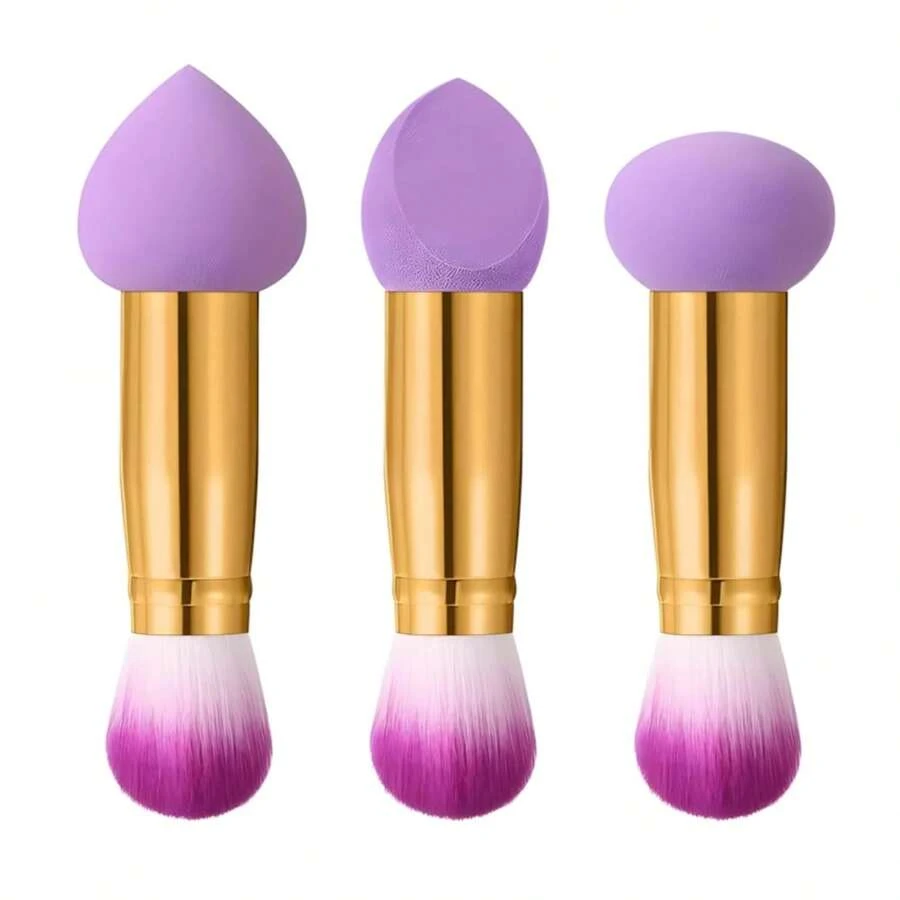 2-In-1 Dual-Head Foundation Makeup Sponge Brush, With Handle, Dry & Wet Separation, Includes 3 Sponge Shapes - Multicolor - View 1