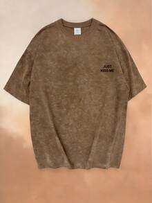 Áo thun ngắn tay cổ tròn nhuộm màu tie-dye, kiểu dáng đơn giản, thời trang mùa hè, in hình khẩu hiệu màu đỏ, đa năng, thích hợp mặc hàng ngày cho nữ. - màu nâu - Xem 6