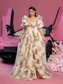 Faeriesty Đầm dạ hội cỡ lớn, tay phồng, xếp ly, chất liệu organza, họa tiết hoa, thích hợp cho tiệc cưới, tiệc mùa xuân. - Màu be - Xem 6