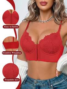 Women's Red Lace Front-Closure Underwire Push Up Bra - Side Coverage & Anti-Sag - Red - View 3